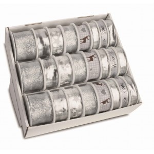 Díszkötöző selyemszalag PRASENT Mini Tray  klf. méretben ezüst mintás karácsonyi  24 db.displ. 813-631
