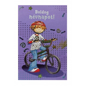 Képeslap 7 ARGUS 17-6033 Névnap fiús lila alapon bicajos fiú