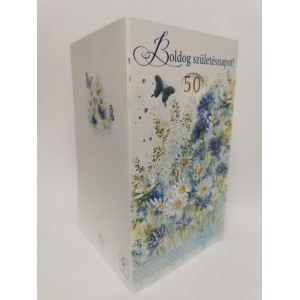 Képeslap ARGUS általános  7-es árkód Női születésnap  kék-fehér margaréta pillangóval  tekerős 15-6466