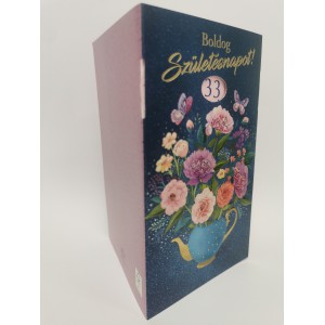 Képeslap ARGUS általános  8-as árkód Női születésnap  kék alapon teáskannában virágok   tekerős 15-6501