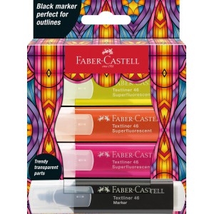 Sz&ouml;vegkiemelő 4klt FABER-CASTELL v&aacute;gott v&eacute;gű GLASSY 3 neon sz&iacute;n + 1 fekete  FC254693