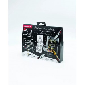 Folyékony krétamarker 4klt készlet UNI PWE-5M karácsonyi készlet sablonnal fehér,fekete,arany,ezüst