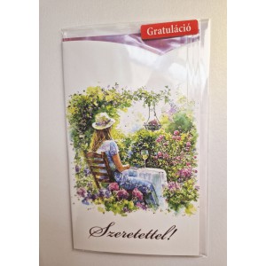 K&eacute;peslap 7 ARGUS 15-6586 Szeretettel! Vir&aacute;gos kertben &uuml;lő nő